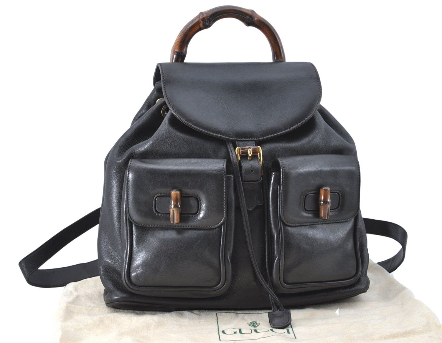 Authentic GUCCI Bamboo Backpack Leather Black J1768