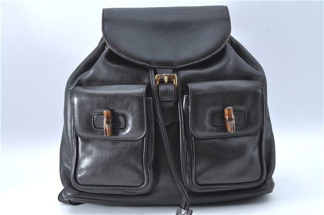 Authentic GUCCI Bamboo Backpack Leather Black J1768