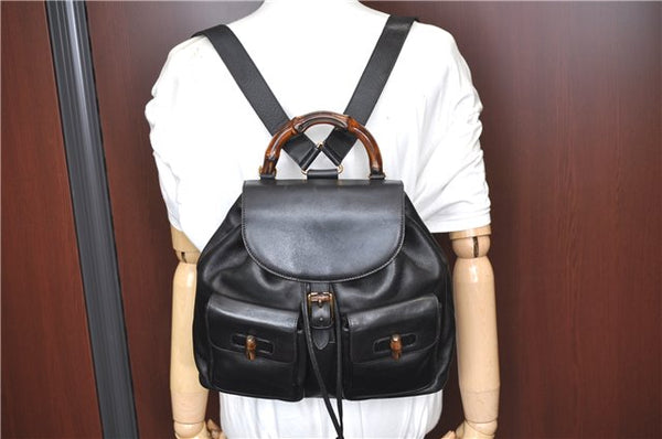 Authentic GUCCI Bamboo Backpack Leather Black J1768