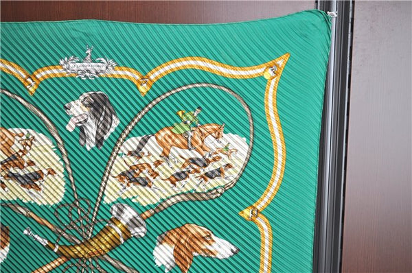 Authentic HERMES Pleats Scarf "LE LAISSER COURRE" Silk Green J1771