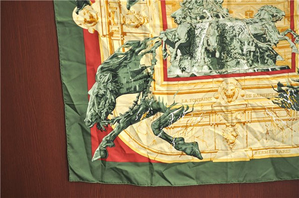 Auth HERMES Carre 90 Scarf "LA FONTAINE DE BARTHOLDI" Silk Khaki Green J1773