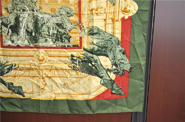 Auth HERMES Carre 90 Scarf "LA FONTAINE DE BARTHOLDI" Silk Khaki Green J1773