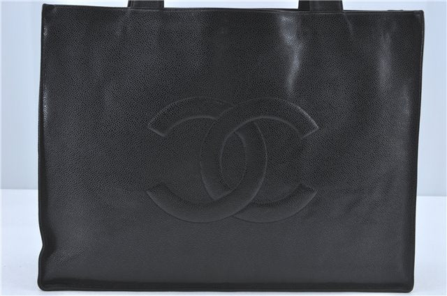 Authentic CHANEL Caviar Skin CC Logo Shoulder Tote Bag Black J1775