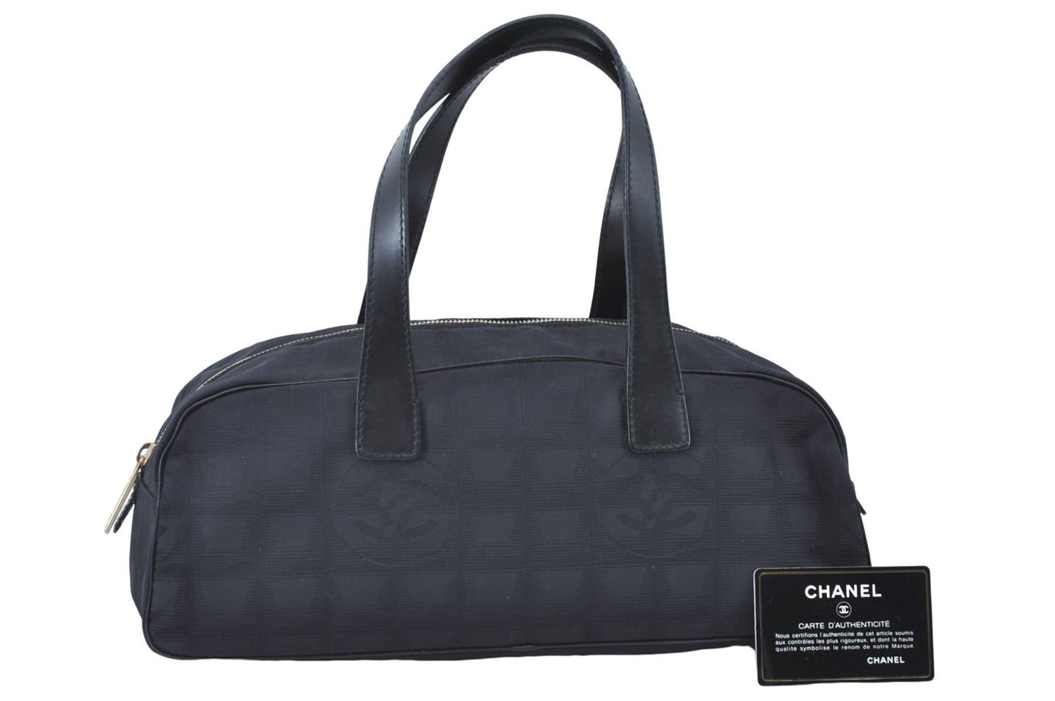 Authentic CHANEL New Travel Line Hand Bag Purse Nylon Leather Black J1776