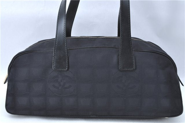 Authentic CHANEL New Travel Line Hand Bag Purse Nylon Leather Black J1776