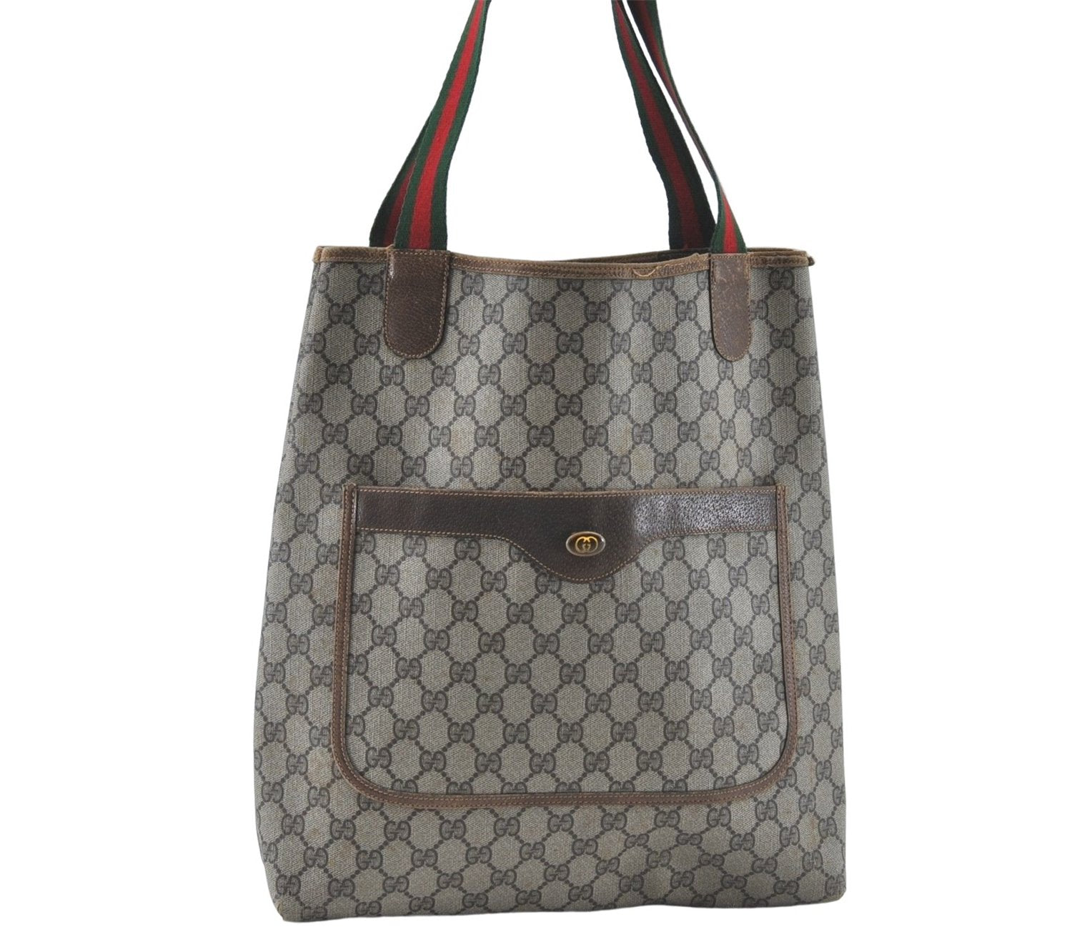 Auth GUCCI Web Sherry Line Shoulder Tote Bag Purse GG PVC Leather Brown J1780