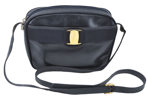 Auth Salvatore Ferragamo Vara Shoulder Cross Bag Purse Leather Navy Blue J1781