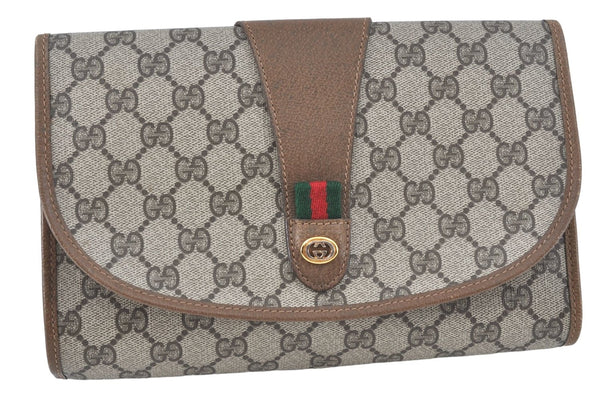 Authentic GUCCI Web Sherry Line Clutch Hand Bag Purse GG PVC Leather Brown J1795