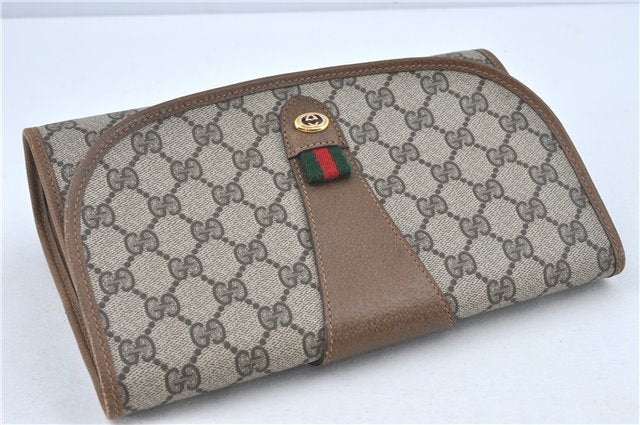 Authentic GUCCI Web Sherry Line Clutch Hand Bag Purse GG PVC Leather Brown J1795