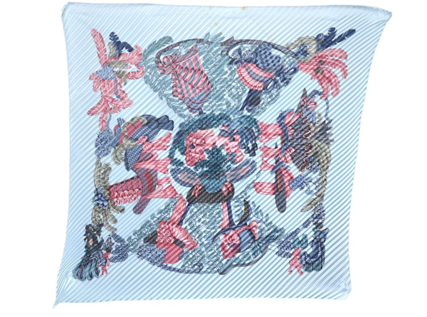 Authentic HERMES Pleats Scarf "chapeau!" Silk Light Blue Box J1800