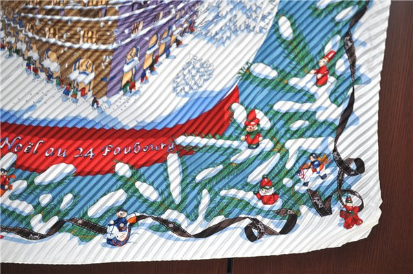 Authentic HERMES Pleats Scarf "Noel au24Faubourg" Silk White Box J1801