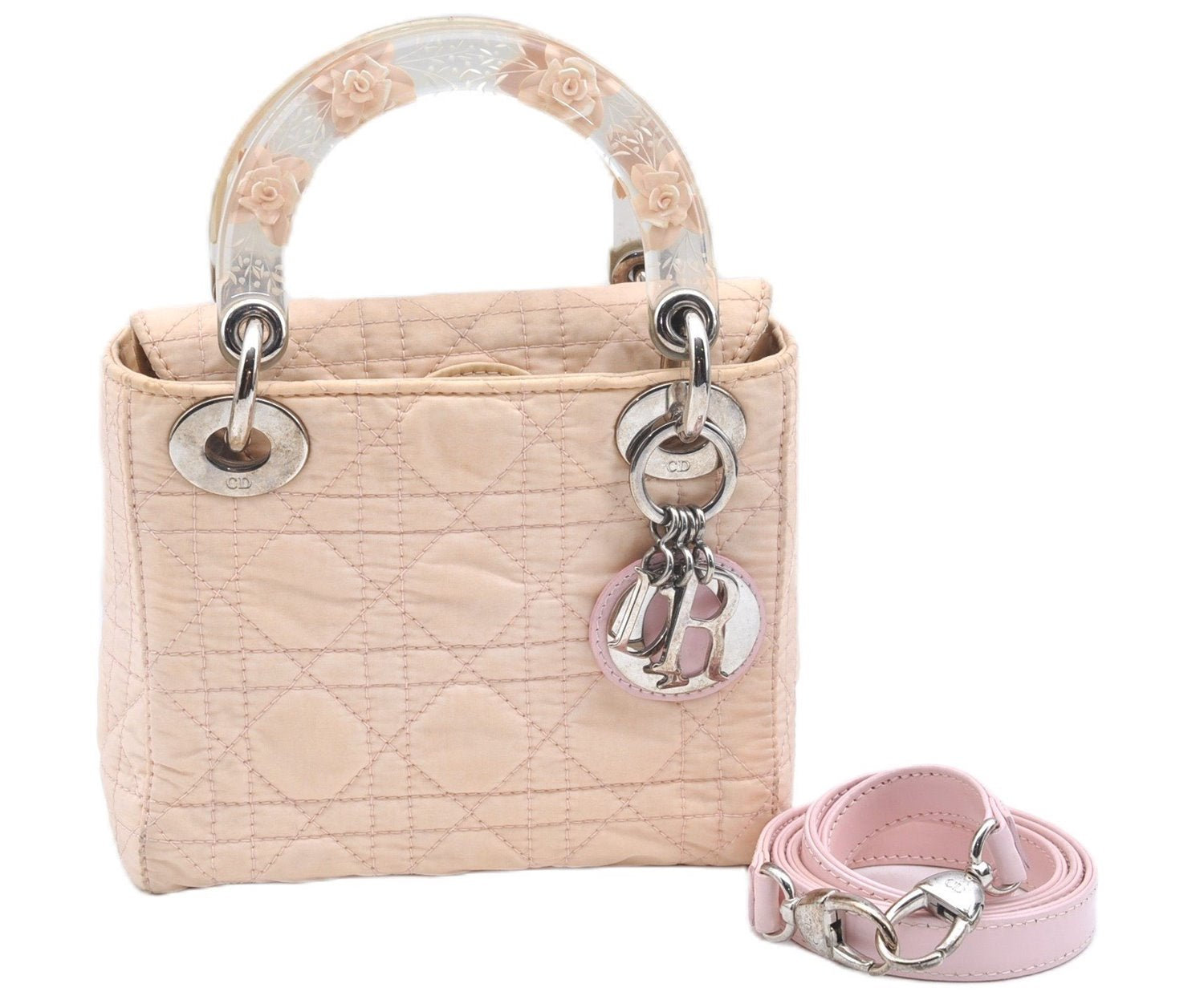 Authentic Christian Dior Cannage Nylon 2Way Shoulder Hand Bag Light Pink J1821