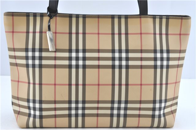 Authentic BURBERRY Vintage Nova Check Tote Shoulder Bag PVC Leather Beige J1838