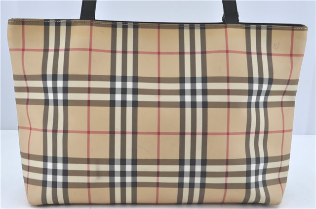 Authentic BURBERRY Vintage Nova Check Tote Shoulder Bag PVC Leather Beige J1838