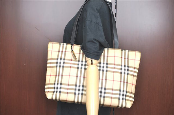 Authentic BURBERRY Vintage Nova Check Tote Shoulder Bag PVC Leather Beige J1838