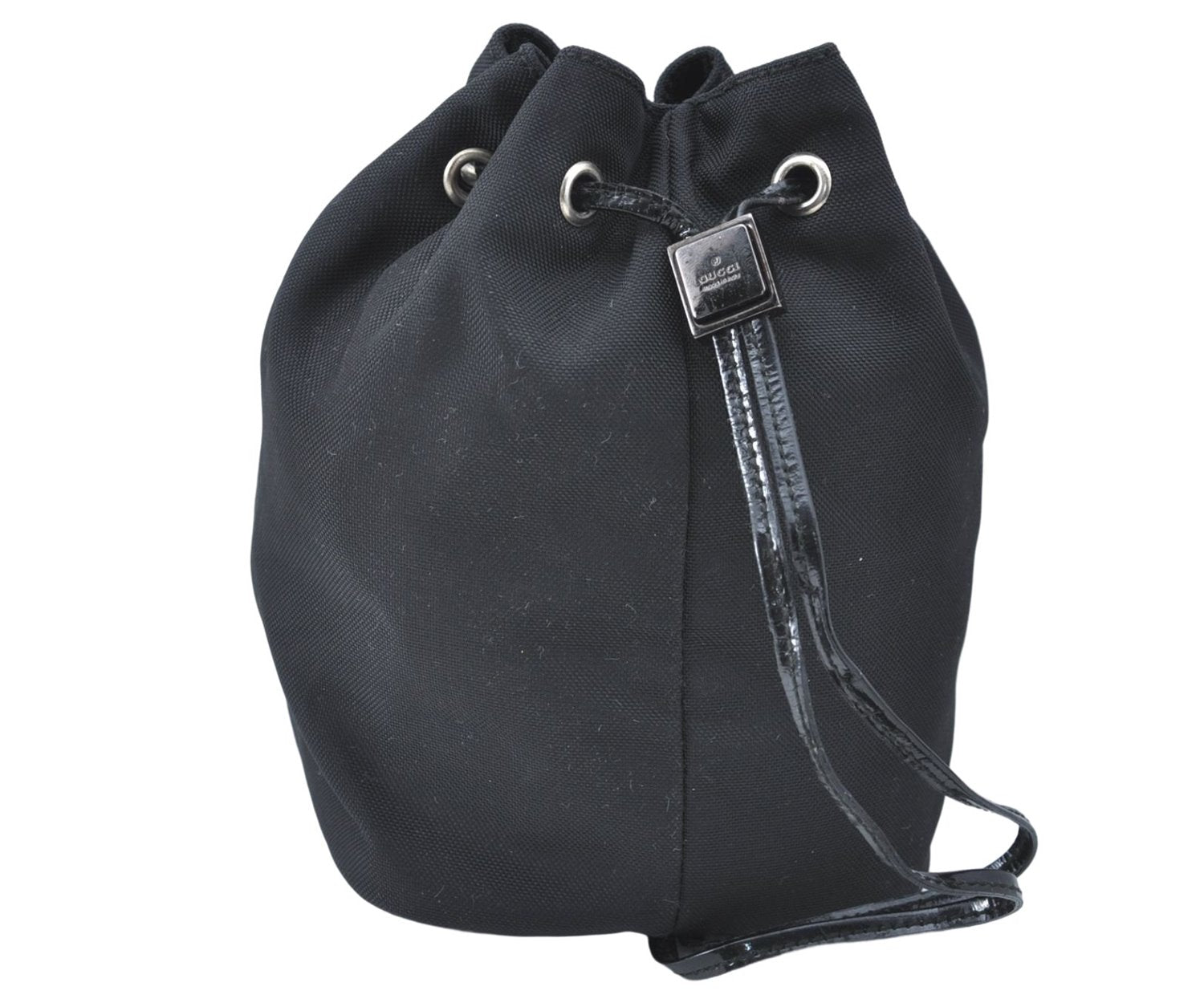 Authentic GUCCI Drawstring Pouch Purse Nylon Enamel 0390973 Black J1854