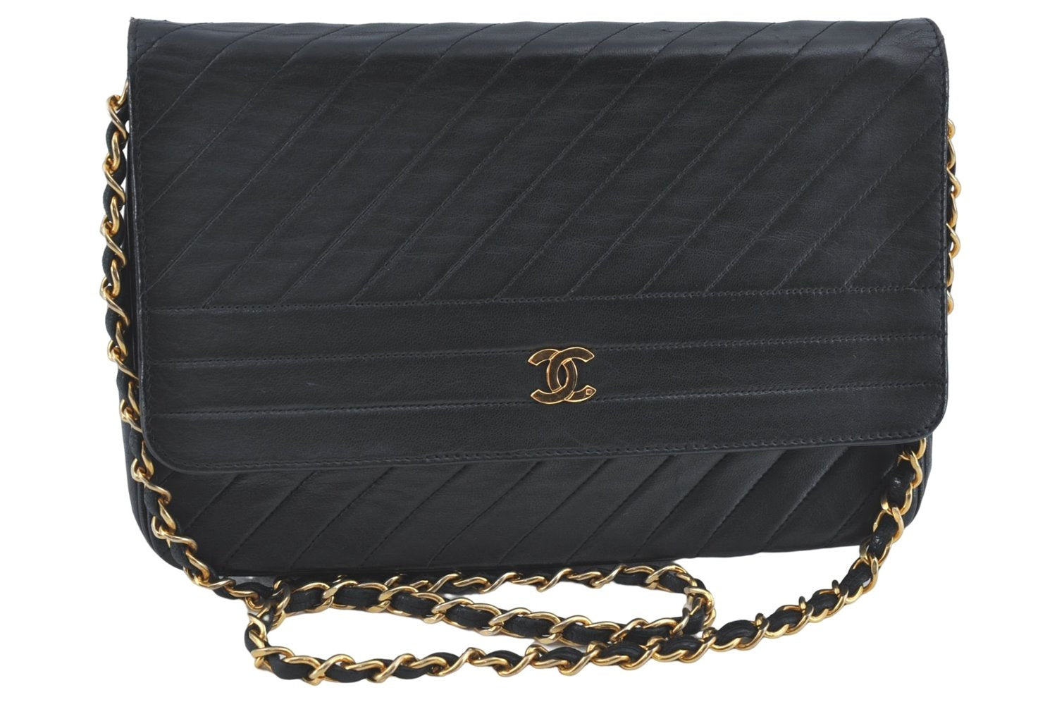 Authentic CHANEL Lamb Skin Chain Shoulder Cross Body Bag Purse Black CC J1856