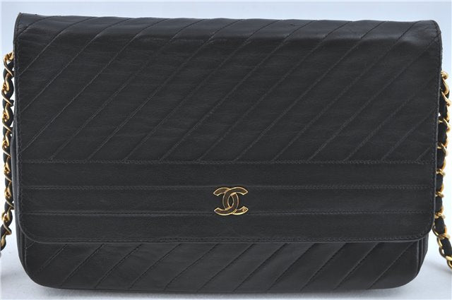 Authentic CHANEL Lamb Skin Chain Shoulder Cross Body Bag Purse Black CC J1856