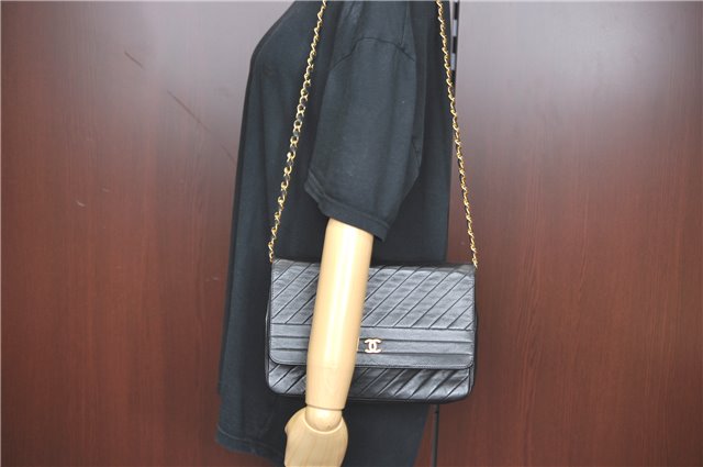Authentic CHANEL Lamb Skin Chain Shoulder Cross Body Bag Purse Black CC J1856
