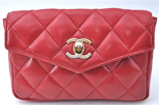 Authentic CHANEL Lamb Skin Matelasse CC Logo Chain Waist Body Bag Red J1857