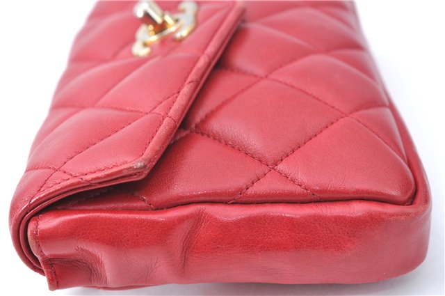 Authentic CHANEL Lamb Skin Matelasse CC Logo Chain Waist Body Bag Red J1857