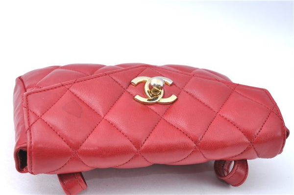 Authentic CHANEL Lamb Skin Matelasse CC Logo Chain Waist Body Bag Red J1857