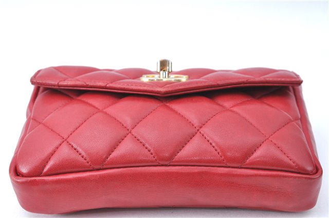 Authentic CHANEL Lamb Skin Matelasse CC Logo Chain Waist Body Bag Red J1857