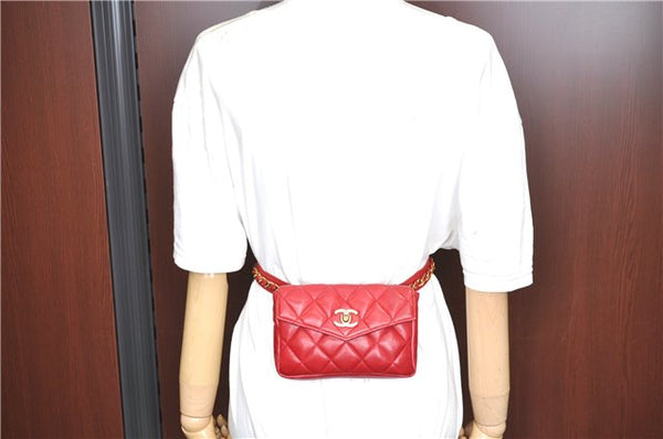 Authentic CHANEL Lamb Skin Matelasse CC Logo Chain Waist Body Bag Red J1857