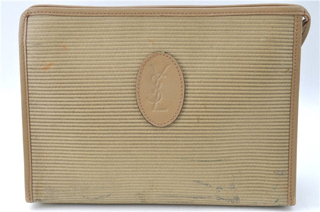 Authentic YVES SAINT LAURENT Clutch Bag Purse PVC Leather Beige J1864