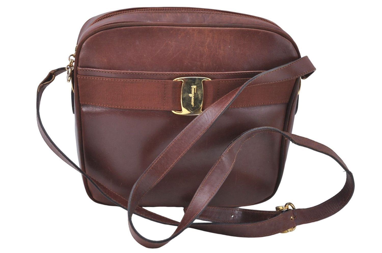 Auth Salvatore Ferragamo Vara Shoulder Cross Body Bag Purse Leather Brown J1866