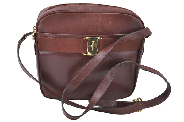 Auth Salvatore Ferragamo Vara Shoulder Cross Body Bag Purse Leather Brown J1866