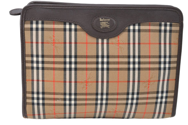 Auth Burberrys Vintage Nova Check Clutch Bag Canvas Leather Beige Brown J1874