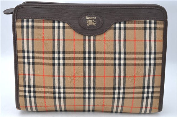 Auth Burberrys Vintage Nova Check Clutch Bag Canvas Leather Beige Brown J1874
