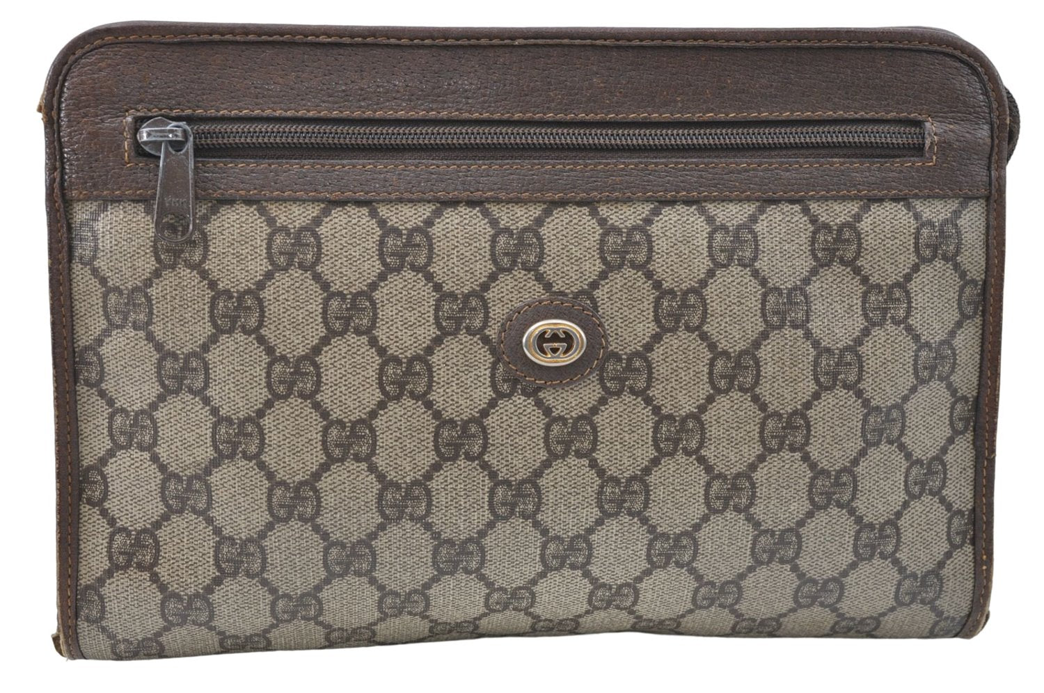 Authentic GUCCI Clutch Hand Bag Purse GG PVC Leather Brown Junk J1876