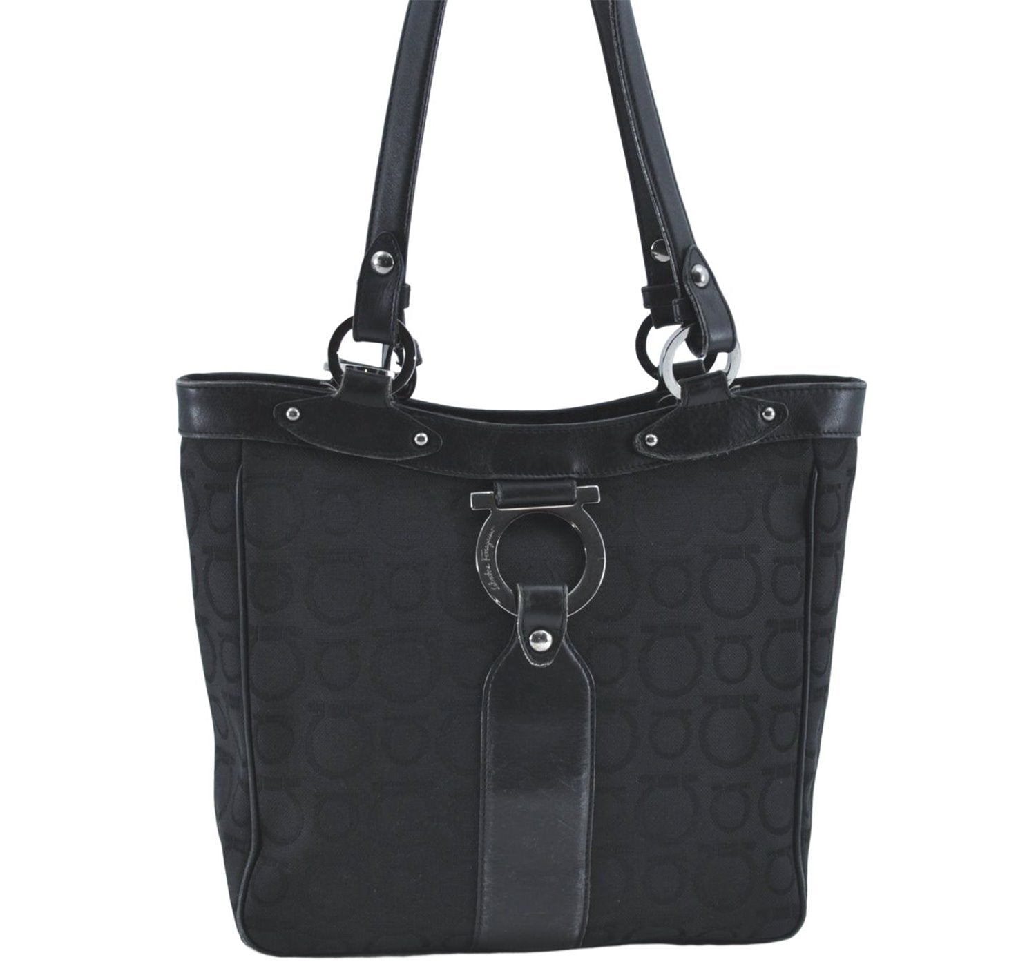 Authentic Ferragamo Gancini Logo Canvas Leather Shoulder Tote Bag Black J1877