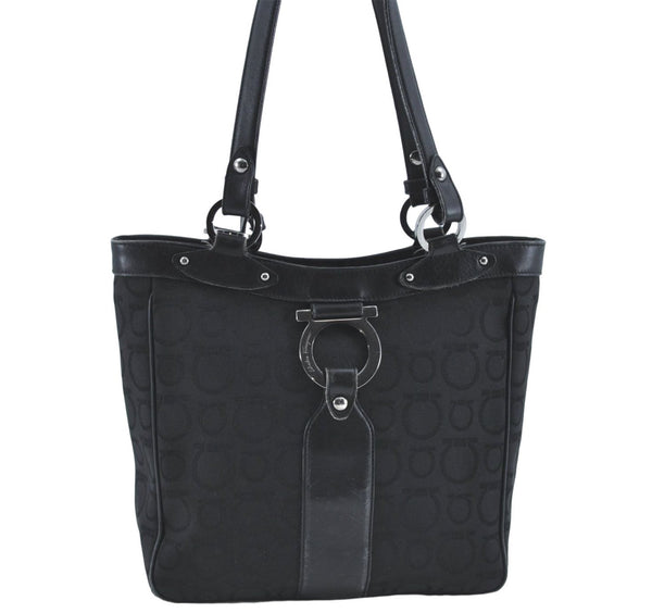 Authentic Ferragamo Gancini Logo Canvas Leather Shoulder Tote Bag Black J1877