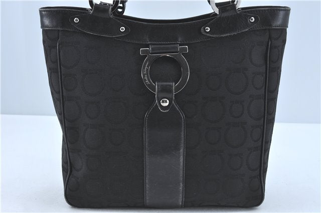 Authentic Ferragamo Gancini Logo Canvas Leather Shoulder Tote Bag Black J1877