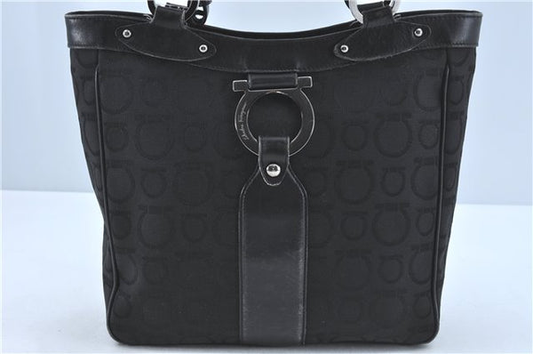 Authentic Ferragamo Gancini Logo Canvas Leather Shoulder Tote Bag Black J1877