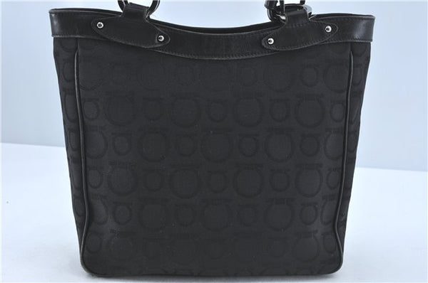 Authentic Ferragamo Gancini Logo Canvas Leather Shoulder Tote Bag Black J1877