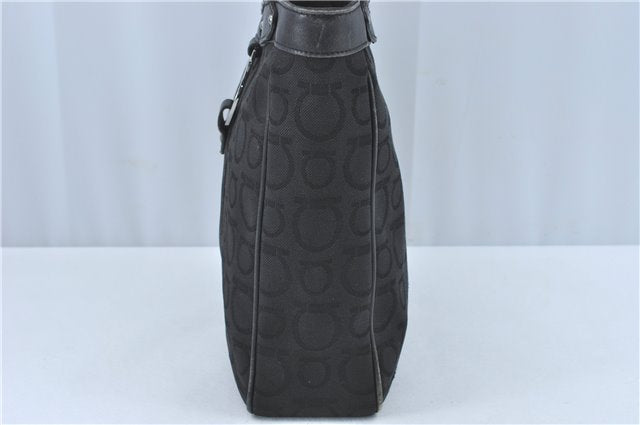 Authentic Ferragamo Gancini Logo Canvas Leather Shoulder Tote Bag Black J1877