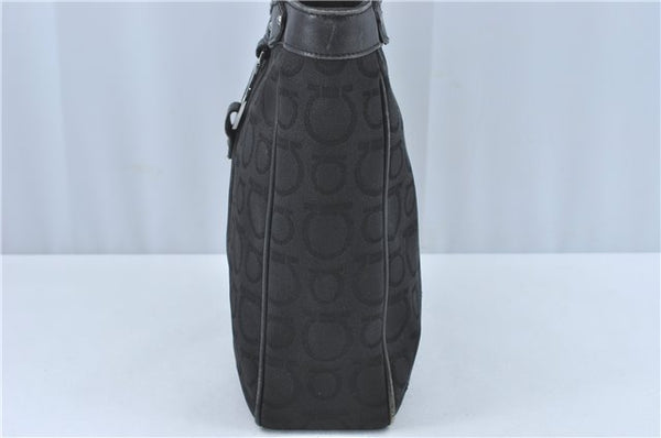 Authentic Ferragamo Gancini Logo Canvas Leather Shoulder Tote Bag Black J1877