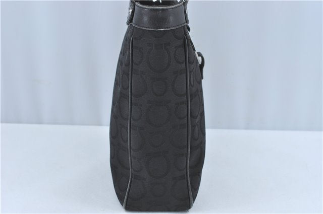 Authentic Ferragamo Gancini Logo Canvas Leather Shoulder Tote Bag Black J1877