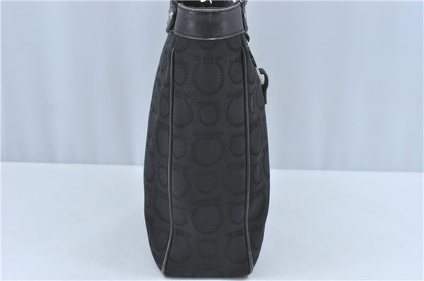 Authentic Ferragamo Gancini Logo Canvas Leather Shoulder Tote Bag Black J1877