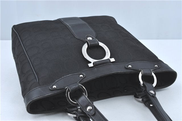 Authentic Ferragamo Gancini Logo Canvas Leather Shoulder Tote Bag Black J1877