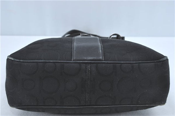 Authentic Ferragamo Gancini Logo Canvas Leather Shoulder Tote Bag Black J1877
