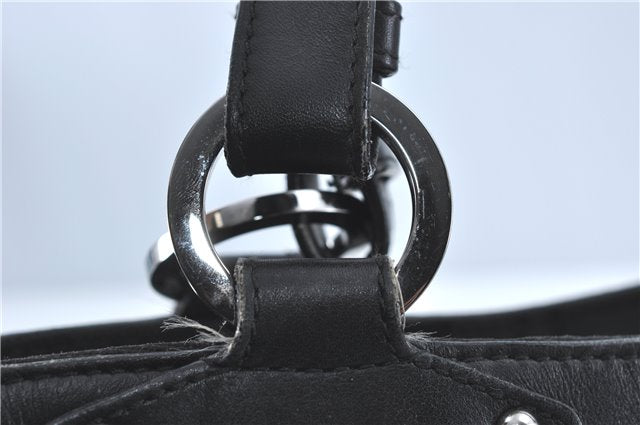 Authentic Ferragamo Gancini Logo Canvas Leather Shoulder Tote Bag Black J1877