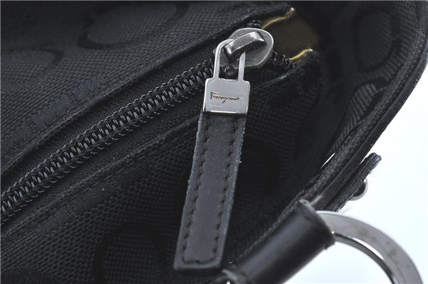 Authentic Ferragamo Gancini Logo Canvas Leather Shoulder Tote Bag Black J1877