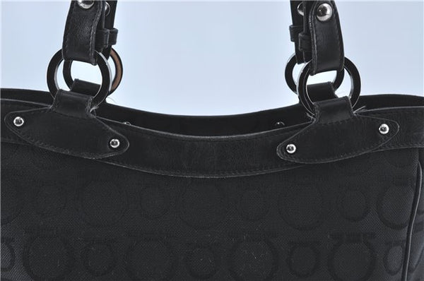 Authentic Ferragamo Gancini Logo Canvas Leather Shoulder Tote Bag Black J1877