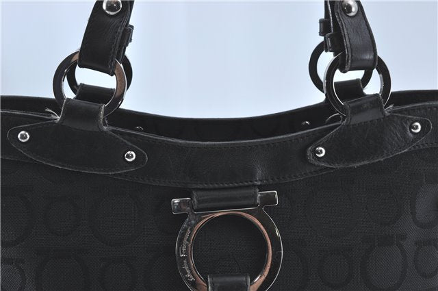 Authentic Ferragamo Gancini Logo Canvas Leather Shoulder Tote Bag Black J1877