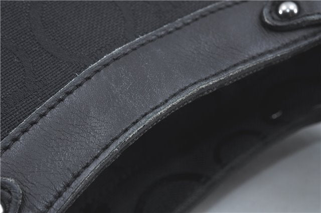 Authentic Ferragamo Gancini Logo Canvas Leather Shoulder Tote Bag Black J1877